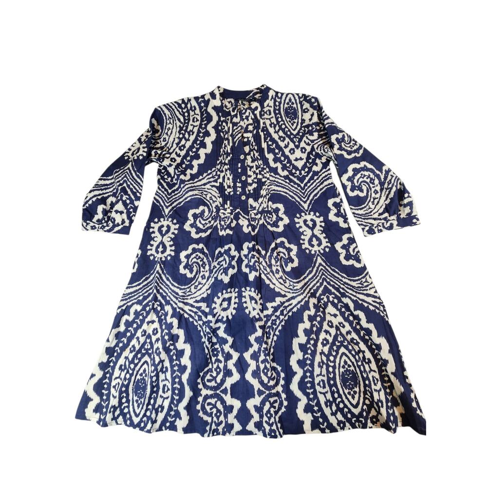 LA PLAGE Blue White Ikat Print Tunic Dress Medium Boho 3/4 Sleeve